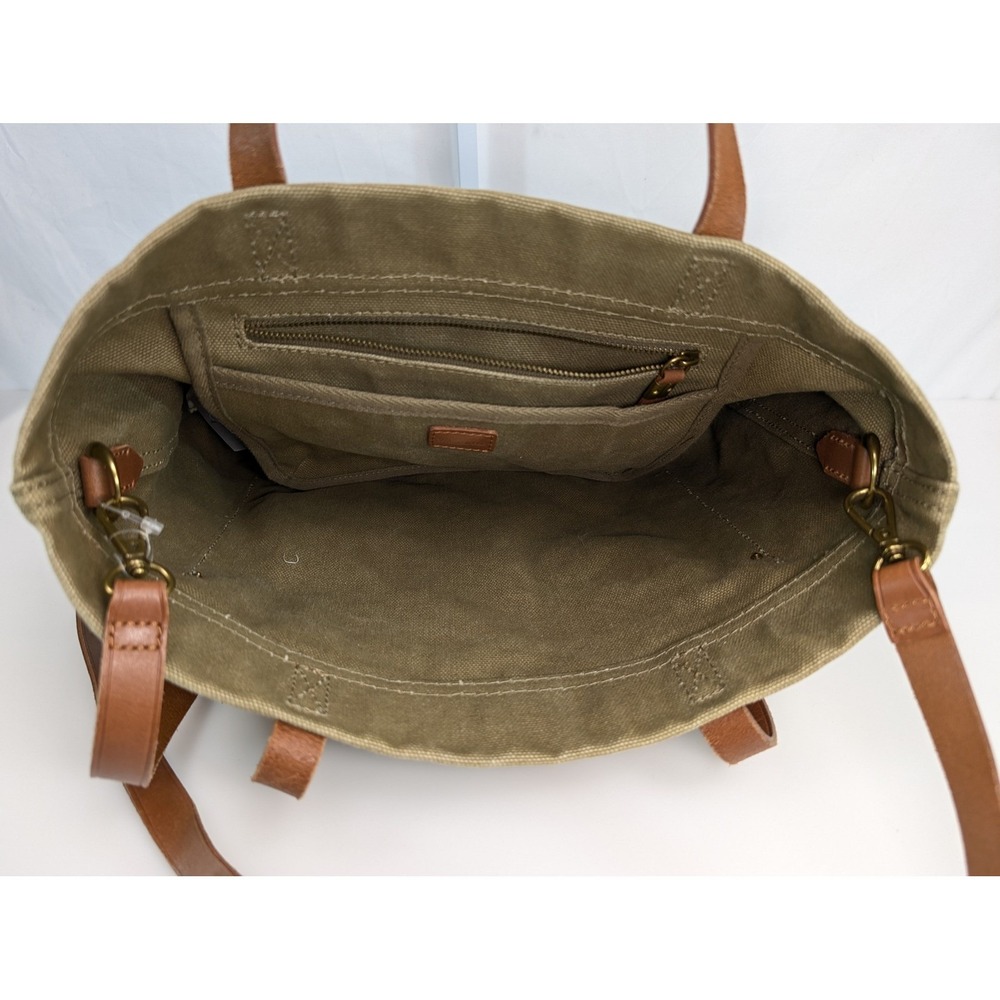 Madewell Canvas Leather Tote Bag Green Utility School Grocery Granola Beach - Picture 6 of 10